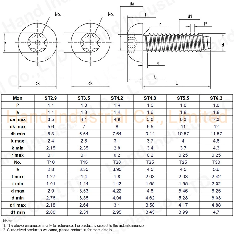 A2 SS304 PT Thread Button Head Torx Self Tapping Forming Security Screw