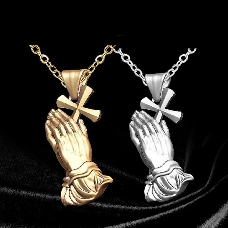 European and American Religious Prayer Gesture Cross Metal Necklace Men&prime; S Jewelry Women&prime; S Trendy Matching Items