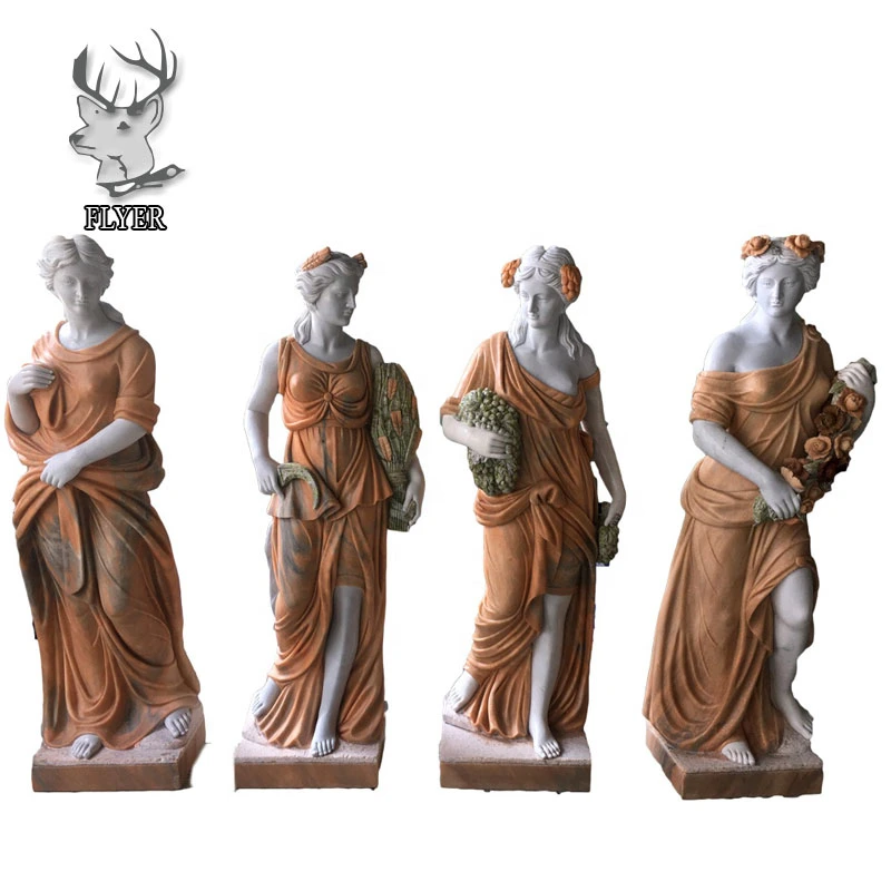 Garden Decoration Modern Hand Carved and Polished Natural Stone Standing Life Size Four Season Girl White Marble Statue