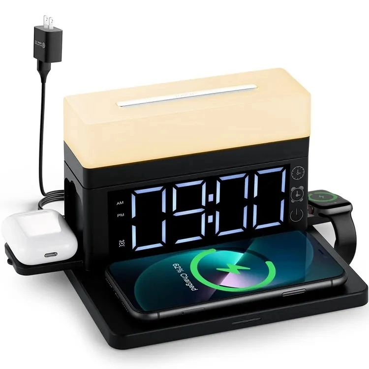 Best Gift LED Digital Alarm Clock Wireless Charger 15W 6 В 1 году складная беспроводная зарядная станция с функцией ночного освещения Для нескольких устройств