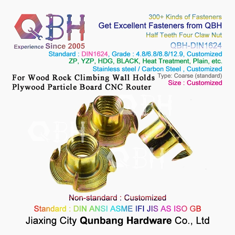 Qbh Customized OEM ODM DIN 1624 T-Nut Carbon Stainless Steel Fixing Wood Furniture/Plywood/Particle Board/CNC Router on Wood Climbing Wall Threaded Inserts