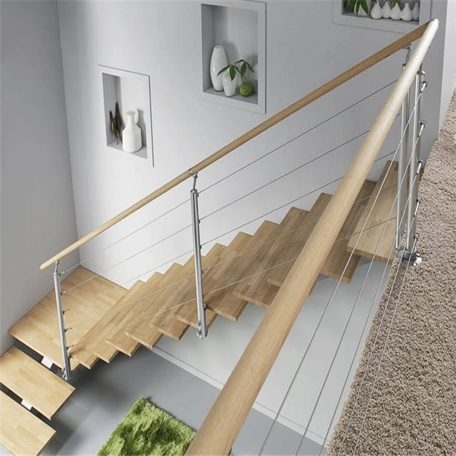 Modern Design Straight Steel Rod Railing Solid Wood Staircase