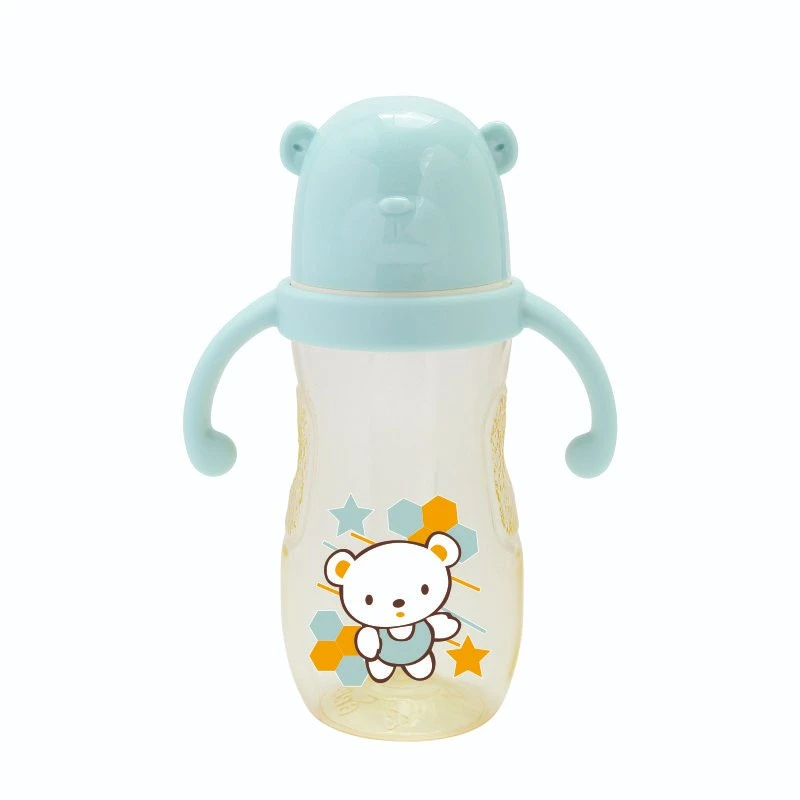 300ml Wide Neck Plastic Cartoon Baby Bottle with Handle OEM/ODM