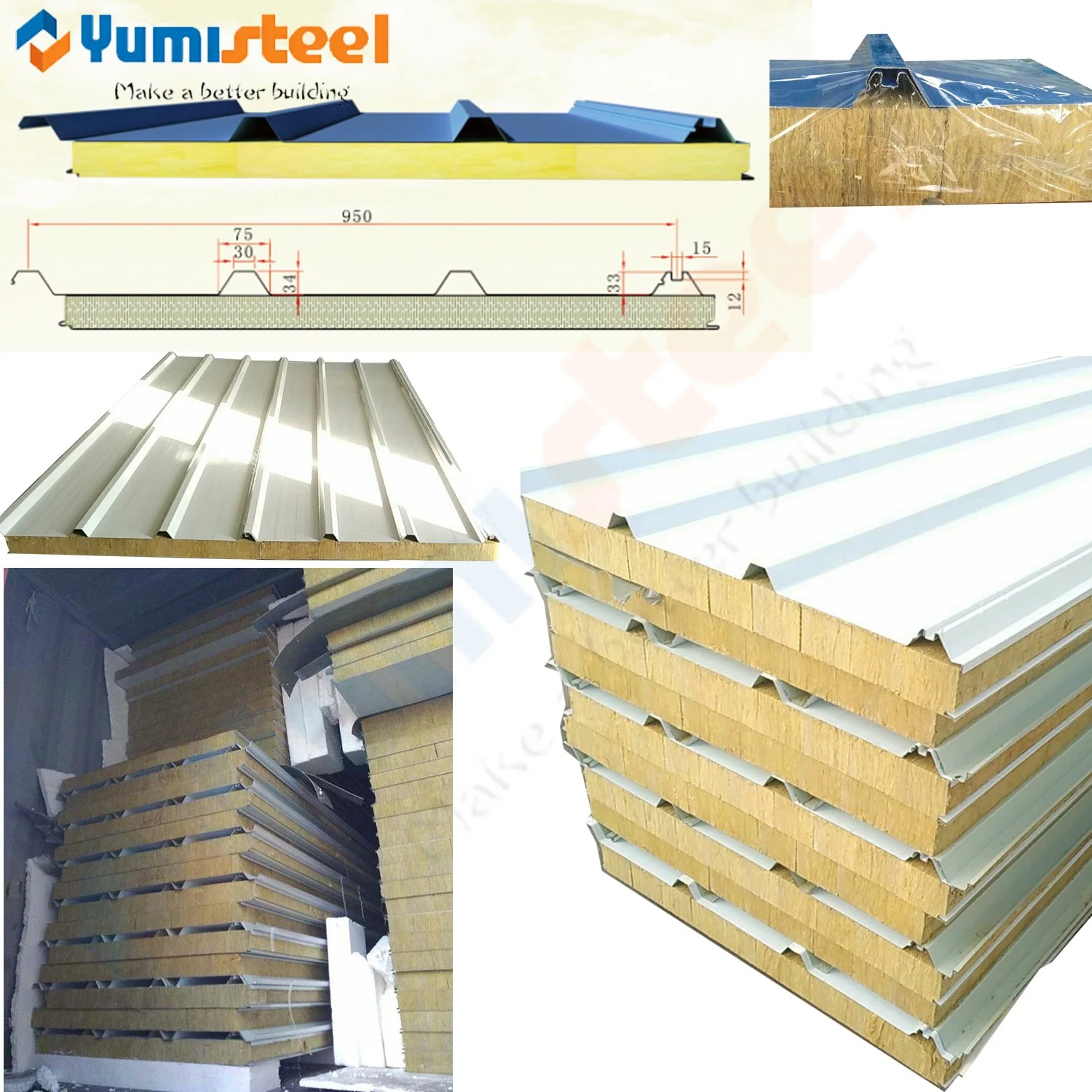 Fireproof Rockwool/EPS Insulated Steel Roof/Wall Sandwich Panels for Steel Buildings