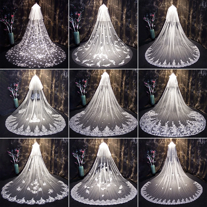 Suite Wedding Véu Catedral curto tempo Véus Mantilla branco Marfim Lace Suite Velis frisado de pedaços de cabelos V527