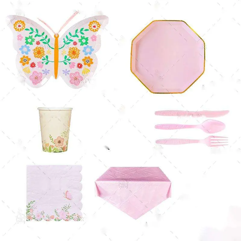 Party Decoration Disposable Butterfly Dinner Plates Cup Napkins Party Tableware Set for Party Supplies Tableware