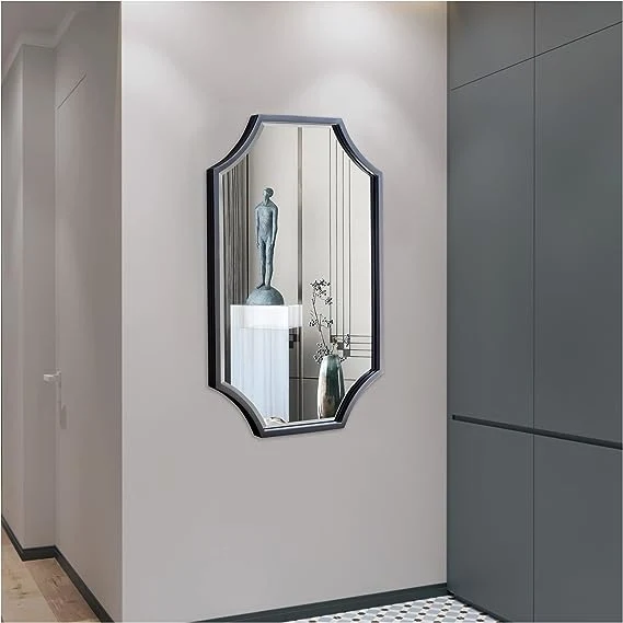 Black Bathroom Mirror for Wall, 24"X36" Black Mirror Black Scalloped Mirror Bevelled Framed Decorative Mirror for Master Bath Half Bath Living Room Fireplace