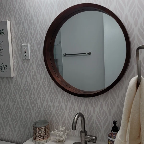 Walnut Brown Round Wood Frame Wall Mirror