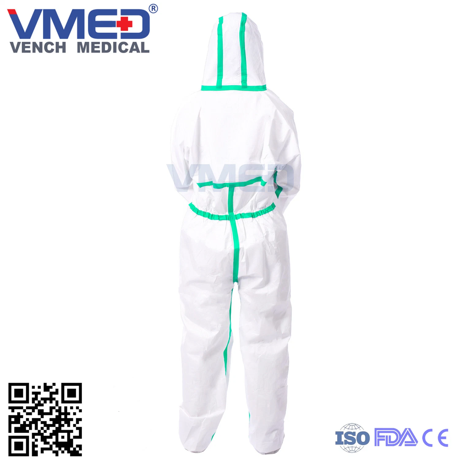 Disposable Type 4/5/6 Micro-Porous White Coverall with Green Adhesive Strip