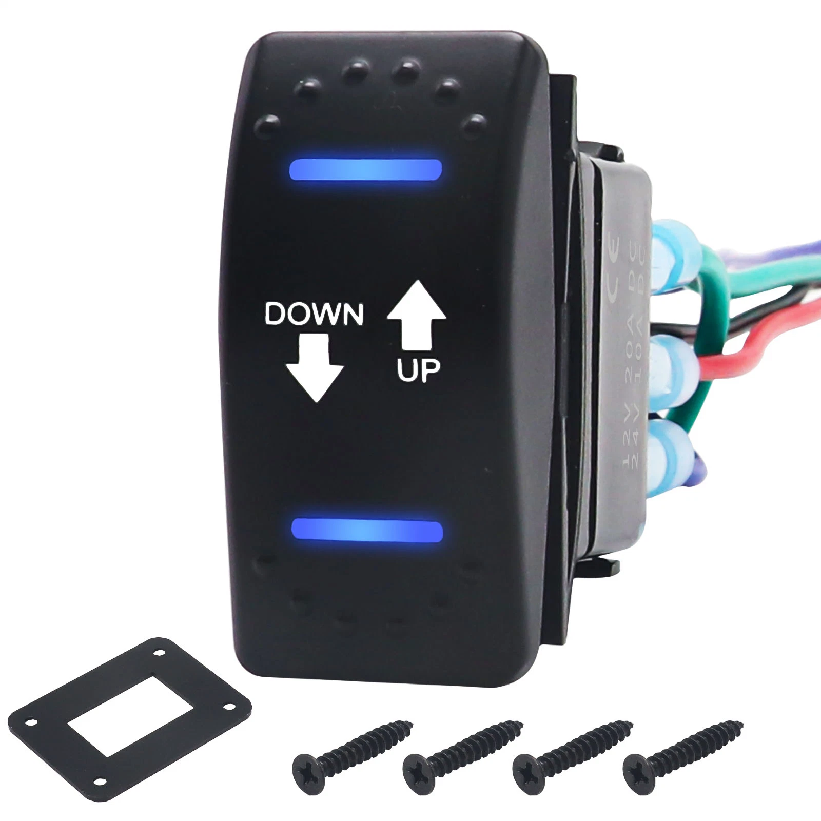 Edge Las2 Dpdt 20A 12V DC Motor Polarity Reversing Momentary Rocker Switch with Pigtail Wire Actuator up/Down Blue LED with Aluminum Plate Adaptor