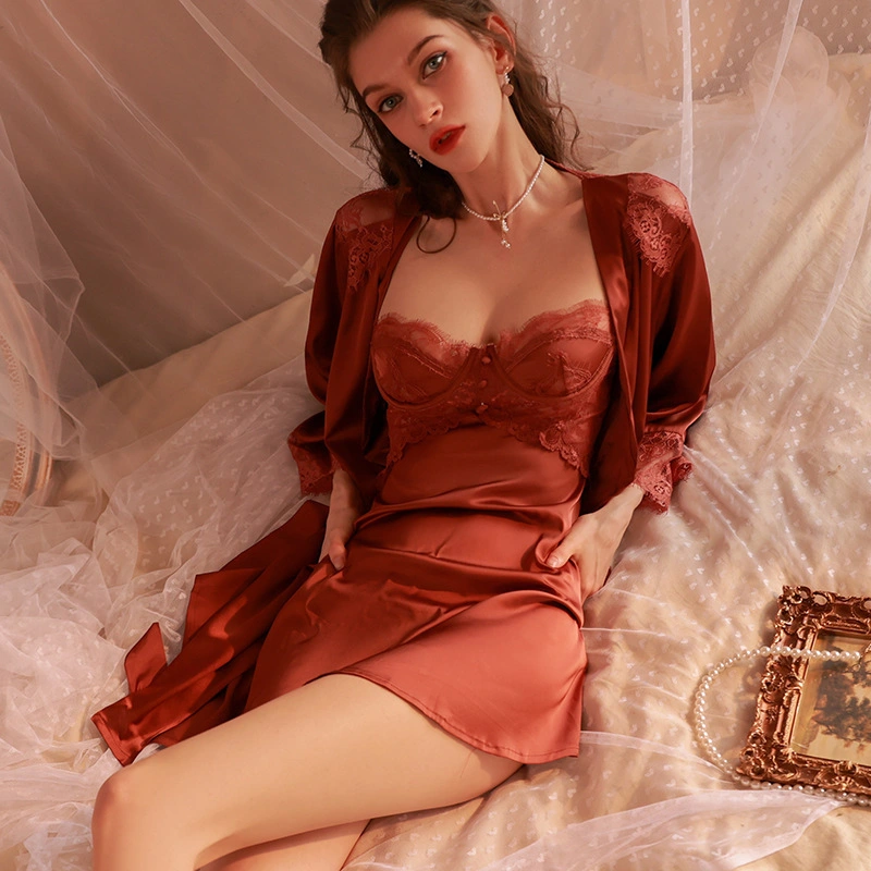 Lace Satin Sling Nightgown Sexy Deep V Seductive Sleepwear