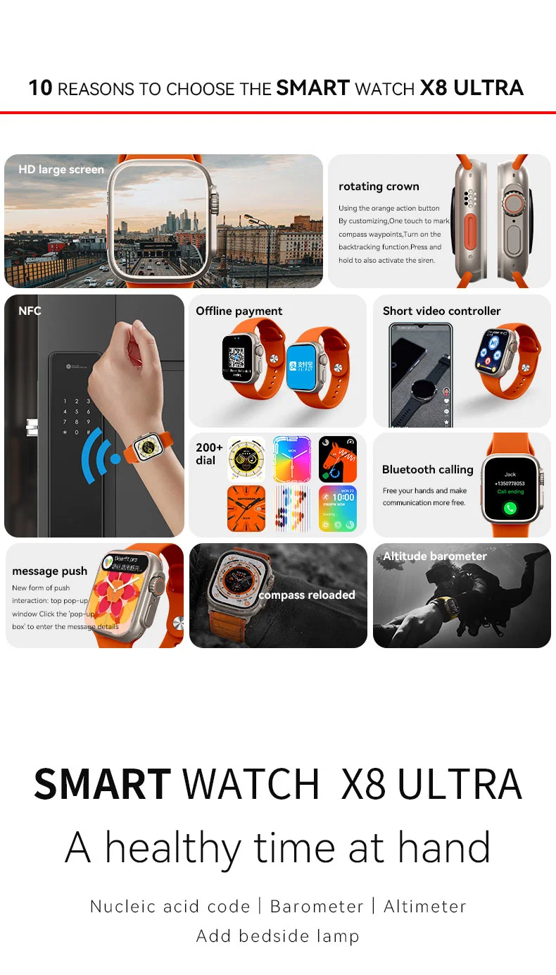 2023 Wholesale/Supplier Custom X8 Ultra 2.08 Touch Screen BLE Waterproof Call Bluetooth Music Video Series 8 S8 Smart Watch Phone for Apple Android