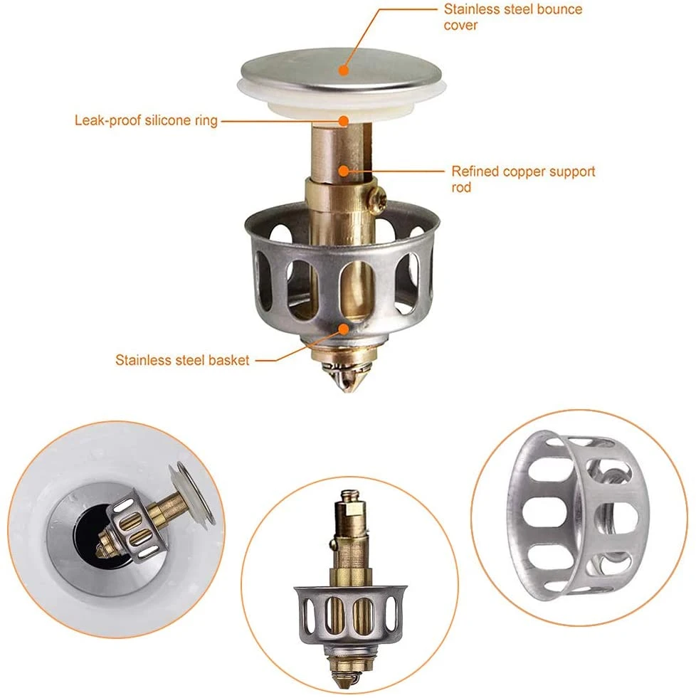 Venta caliente Wash Basin Bounce Drain Filter Acero inoxidable Tipo Push Núcleo de rebote sin desbordamiento tapón de drenaje de sumidero emergente