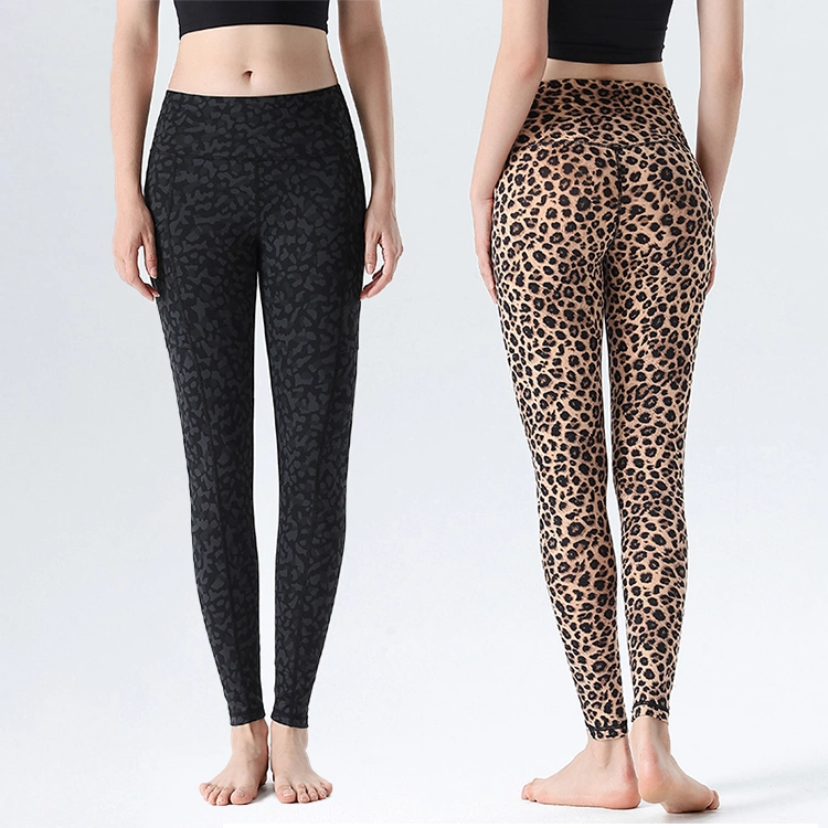 Leggings de yoga personalizados al por mayor bolsillo leopardo Deporte impreso Gimnasio de entrenamiento Pantalones ajustados a la piel