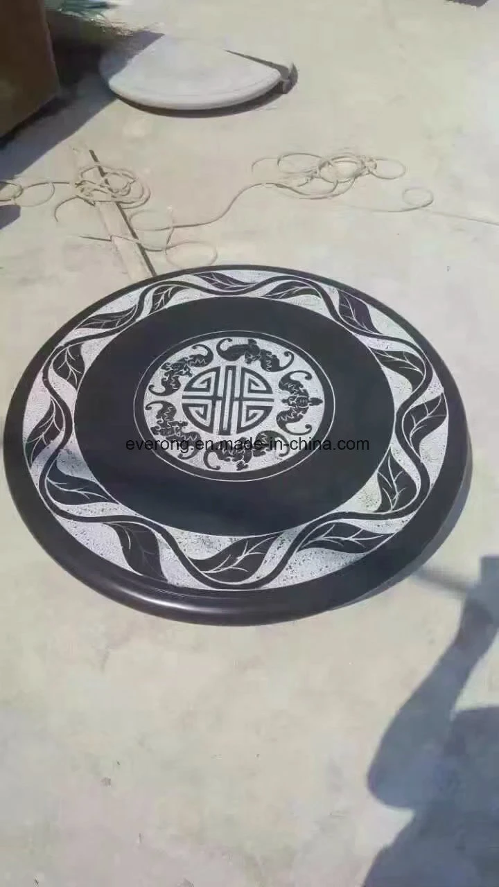 Black Granite Carving Round Table with Four Round Benches for Home &Garden Decoration