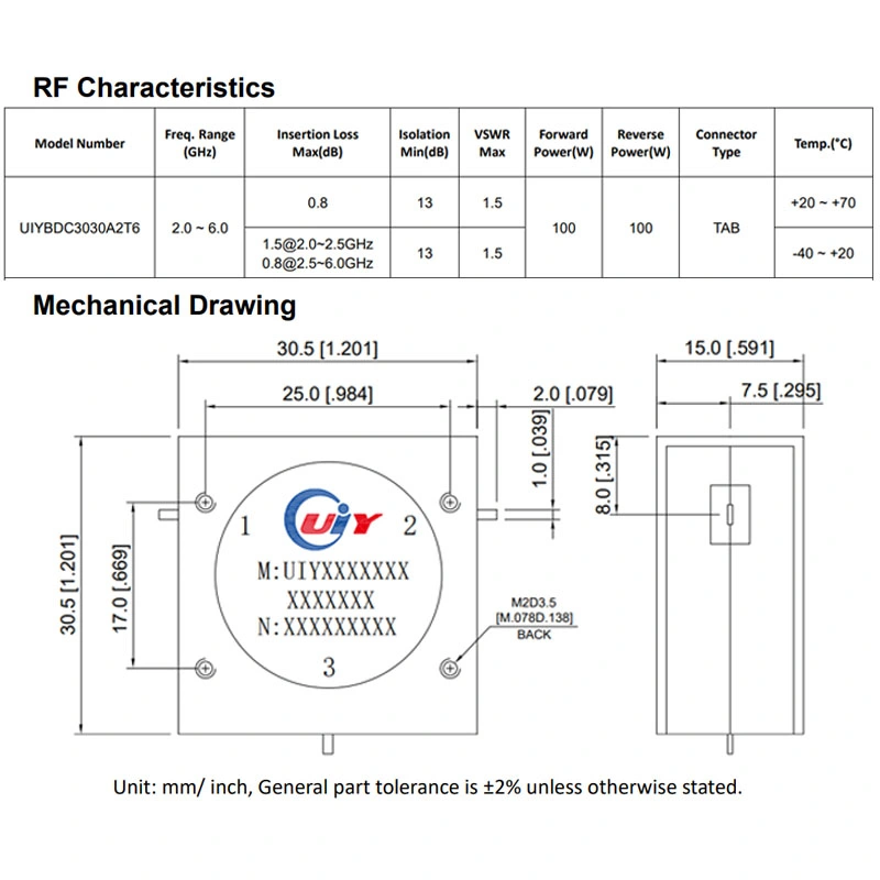 2~6GHz 100W RF Drop in Circulator UIY Circulator with TAB Connectors