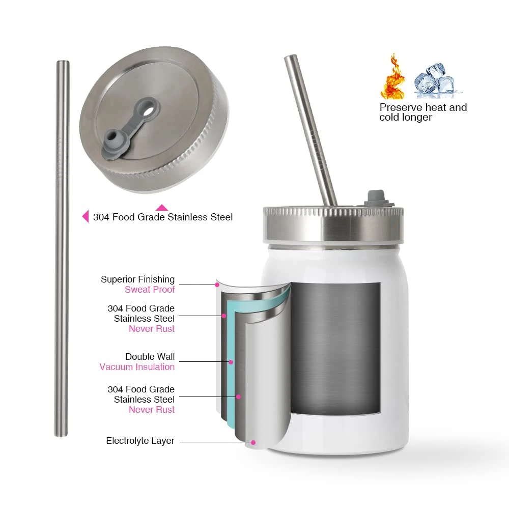 Sublimation Blanks Mason Jar Tumbler 17 Oz Wide Mouth White Stainless Steel Tumbler Jar with Lid and Metal Straw