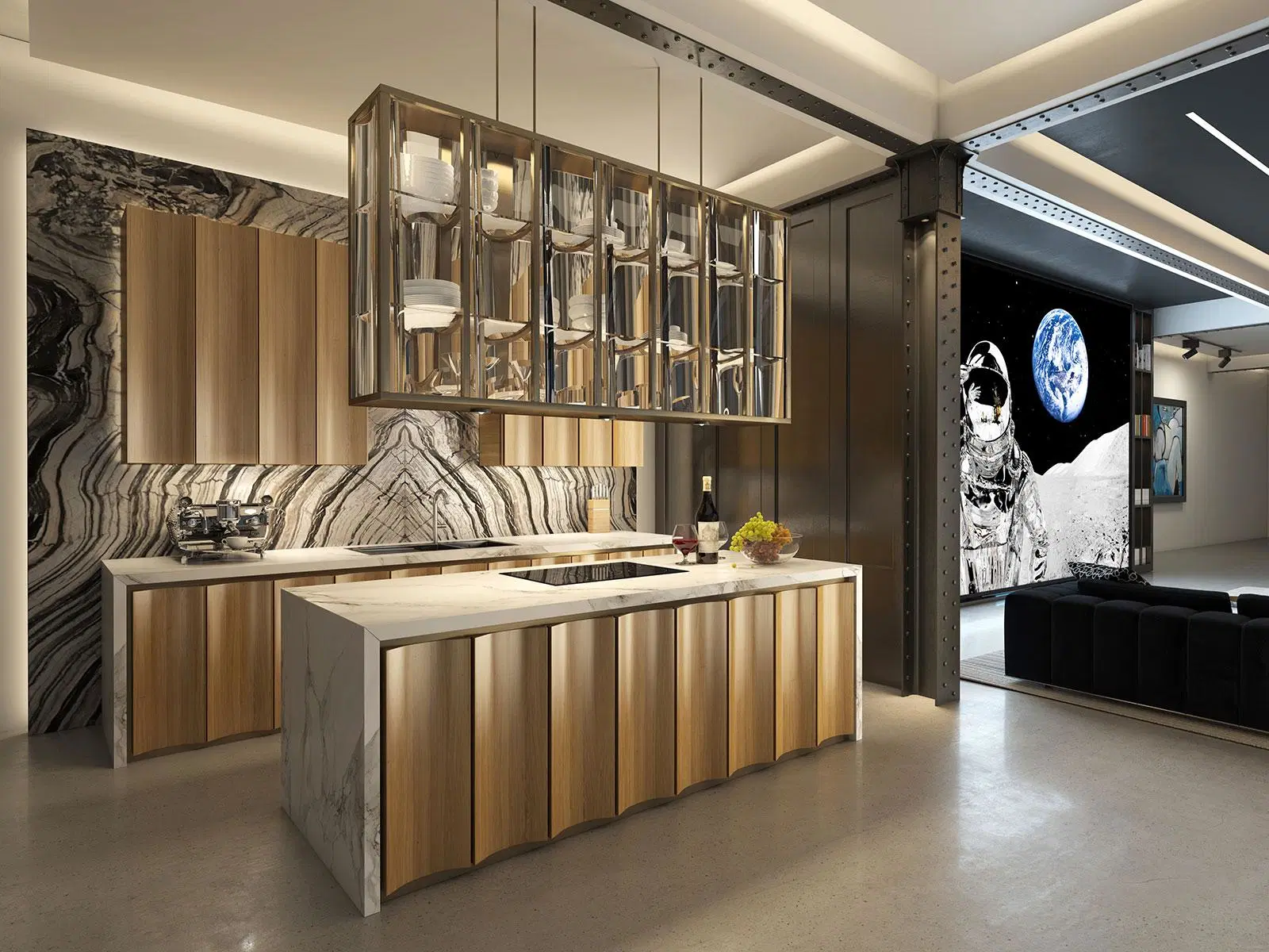 Moderner Luxus-Küchenschrank aus Massivholz mit Marmor Arbeitsplatte