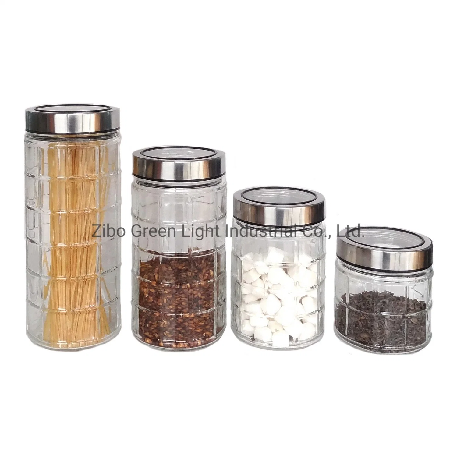 Glass Food Storage for Pasta Coffee Cookie with Embossed Design and Stainless Steel Lid