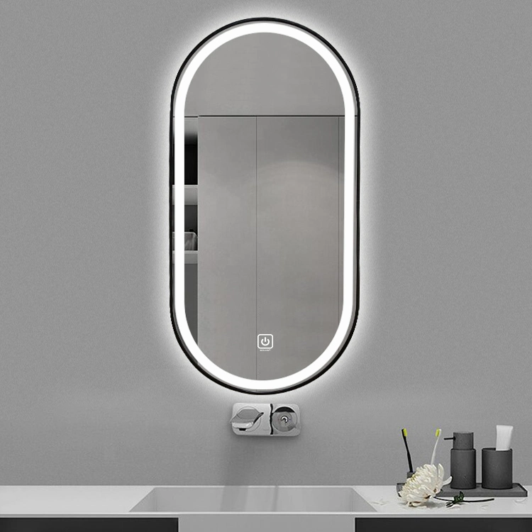 Wall Mounted Black Aluminum Framed Bathroom Oval Hotel Smart Lighted Mirror