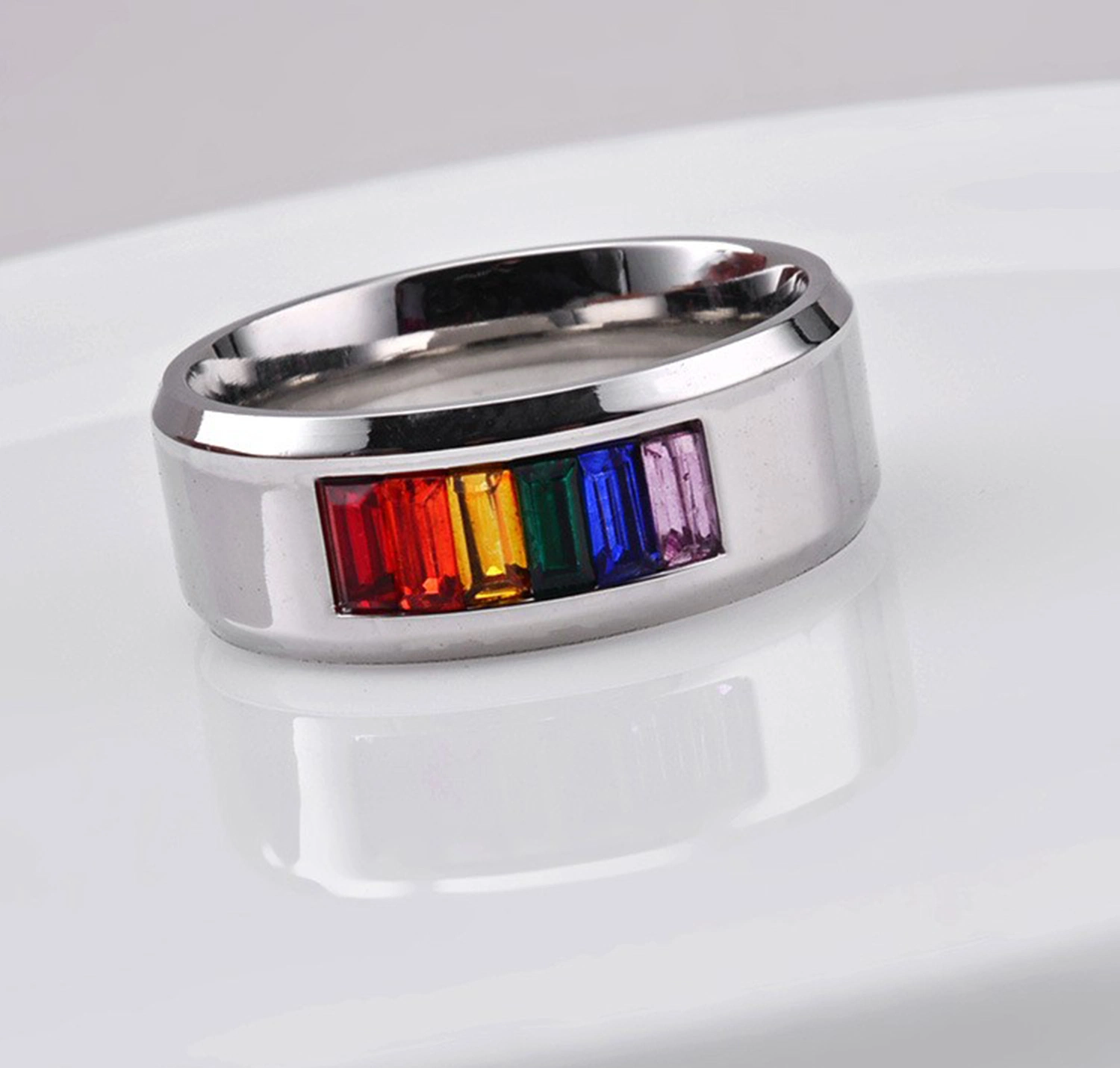 Mode Schmuck Titan Stahl Gay Lala Ring Regenbogen Steine Flagge Gay Ring Paar Schmuck Fabrik Verkauf SSR2073