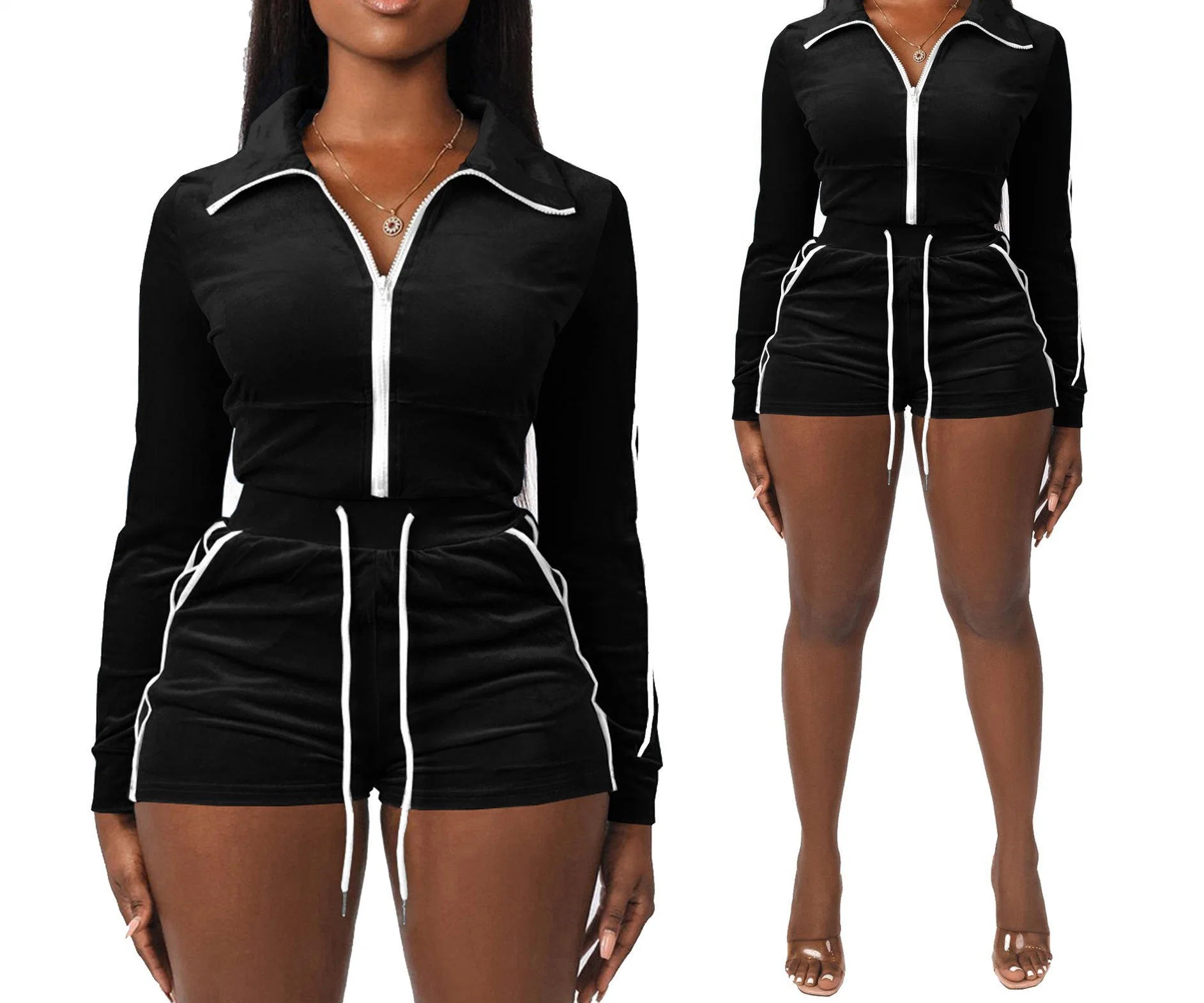 Lounge Wear 2023 Custom Logo Rhinestone Crop Velour Two Piece Tracksuit Zip up Sweatshirt Shorts Set Velvet Women's Sets