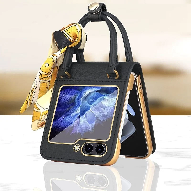 Factory Price Soft TPU Leather Hard PC Cell Phone Folding Case with Slik Strap for Samsung Galaxy Z Flip 5 4 3 5g