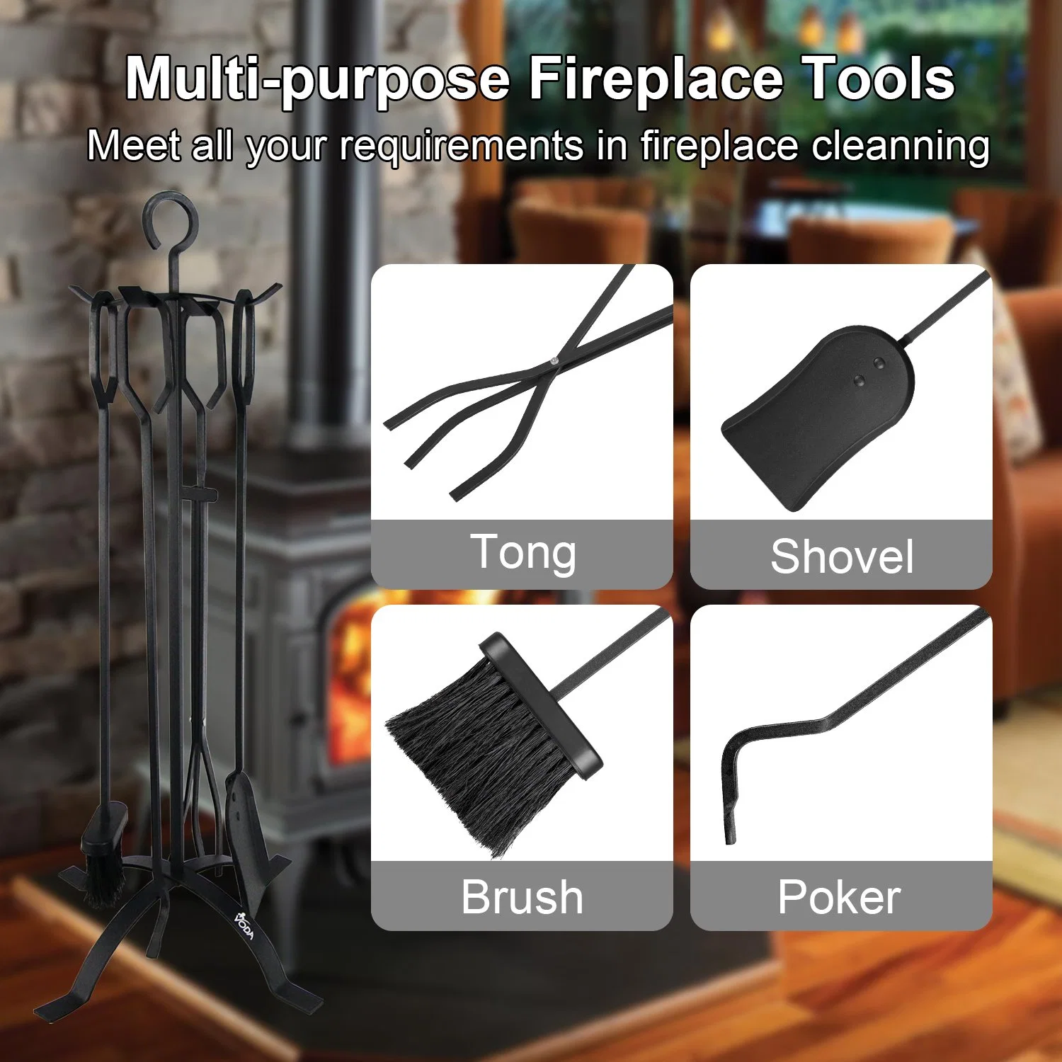 Black Fireplace Tools Set Fireset Fire Pit Poker Wood Stove Log Tongs Holder Companion Tool Set