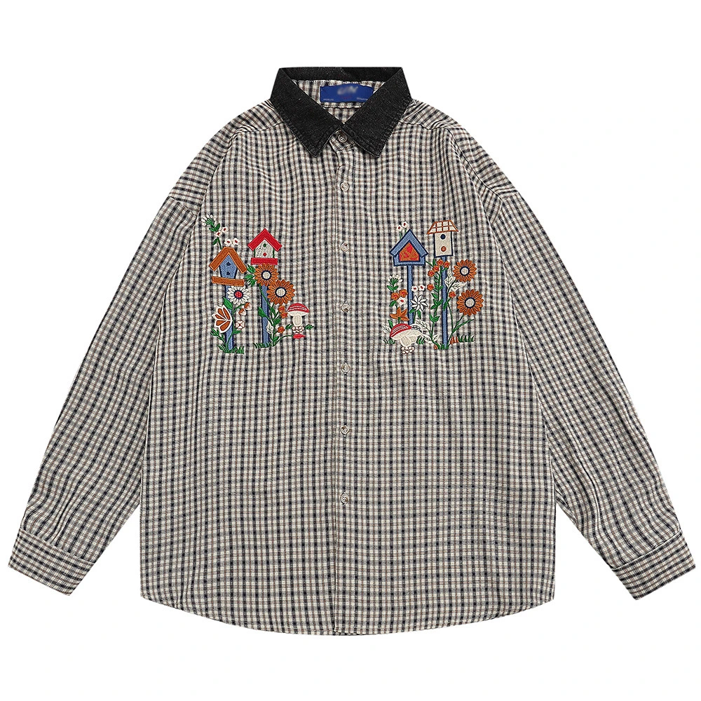 Fleur de broderie de bande dessinée OEM Manche longue Hommes Ins lâche de la rue le contraste des couleurs boutonnière mince occasionnel Shirt/enduire/Top/Vêtements/vêtement