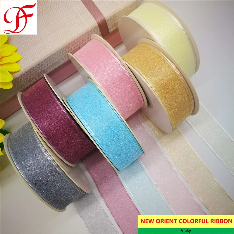 Factory 3mm~75mm Korea Sparkle/Shining Sheer Organza Ribbon Grosgrain Satin Double/Single Face Taffeta Hemp Stripe Ribbon for Xmas/Wrapping/Decoration/Bows