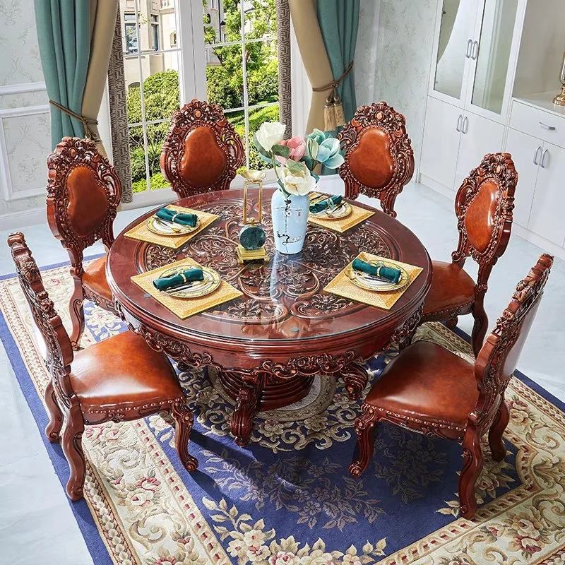 Wholesale/Supplier European Classic Red Wood Home Dining Table Leather Cushion Chair Set