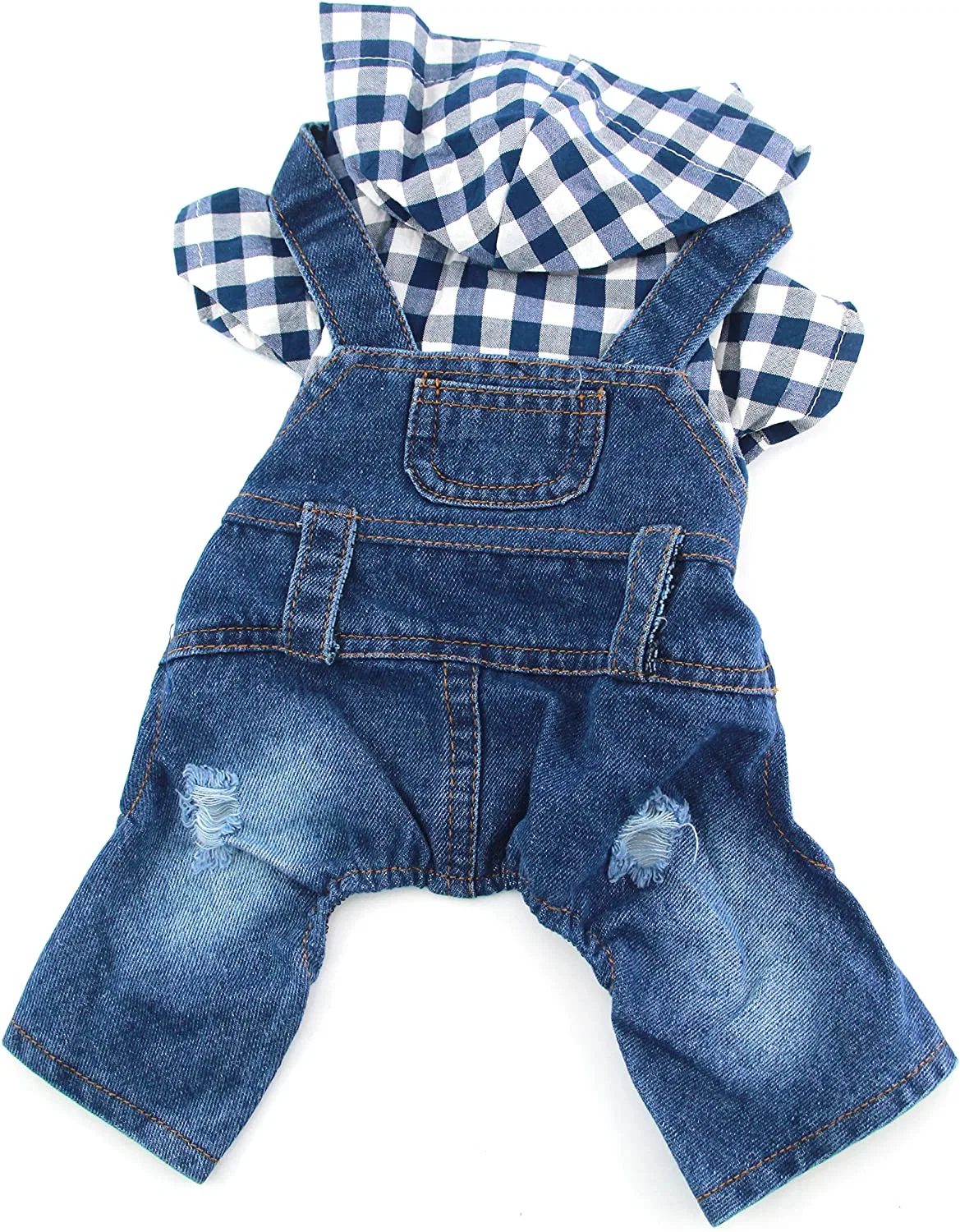 Fashion Denim Jumpsuit Dog Clothes with Plaid Hoodie for Puppy Jeans Jacket for Doggy Spring Summer Apparel Indoor and Outdoor