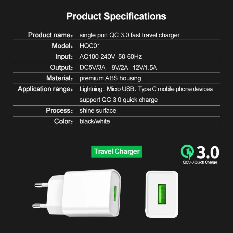 Portable Mobile Phone Quick Charge 3.0 18W USB Charger