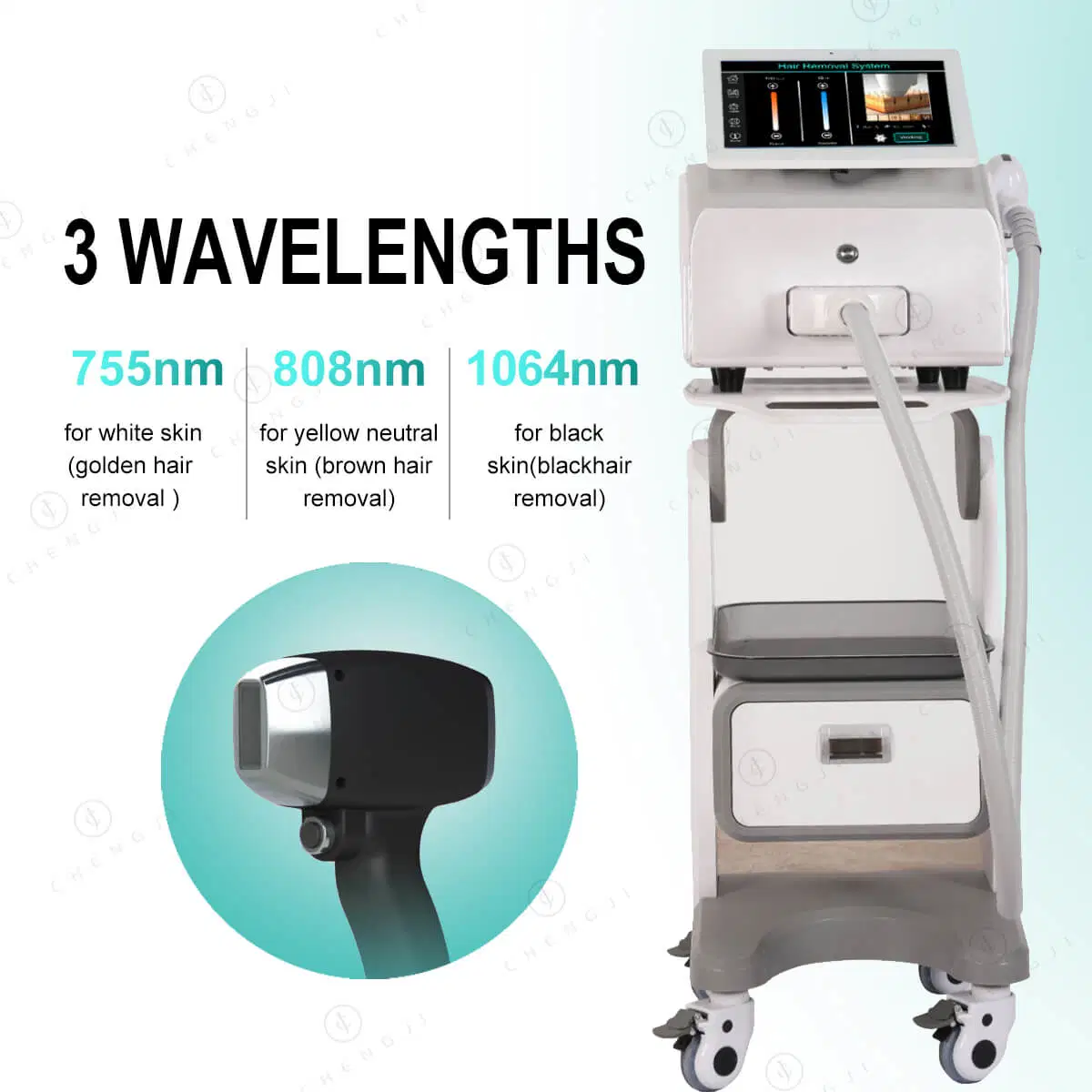 قابلة للنقل و بدون أكمام ثلاث موجات دائمة 808nm 755nm 1064nm جهاز إزالة الشعر بالليزر جهاز تجميل وصالون