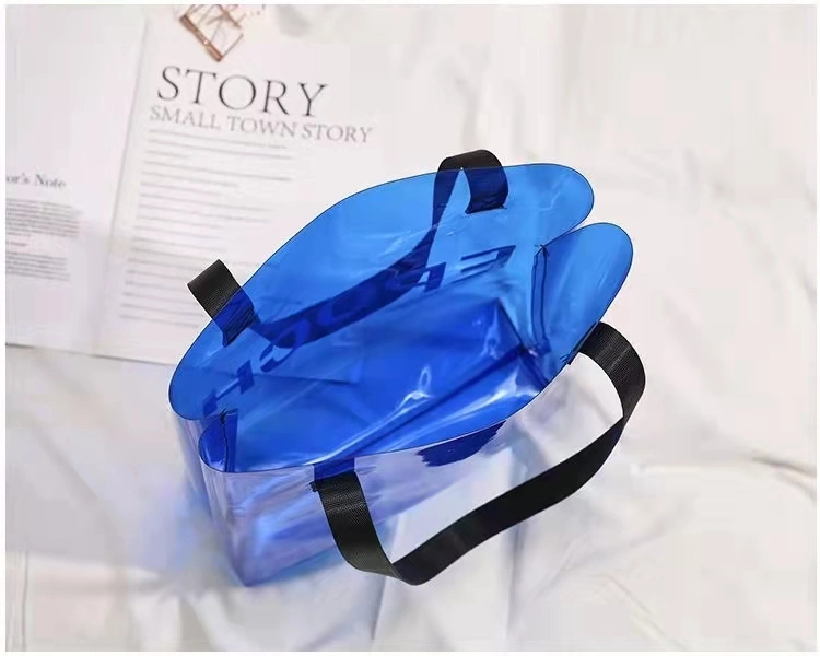 Bolso de compras de moda de PVC transparente de plástico de PVC resistente al agua reutilizable Playa Bolso con asa duradera coloridas señoras Tote Handbag