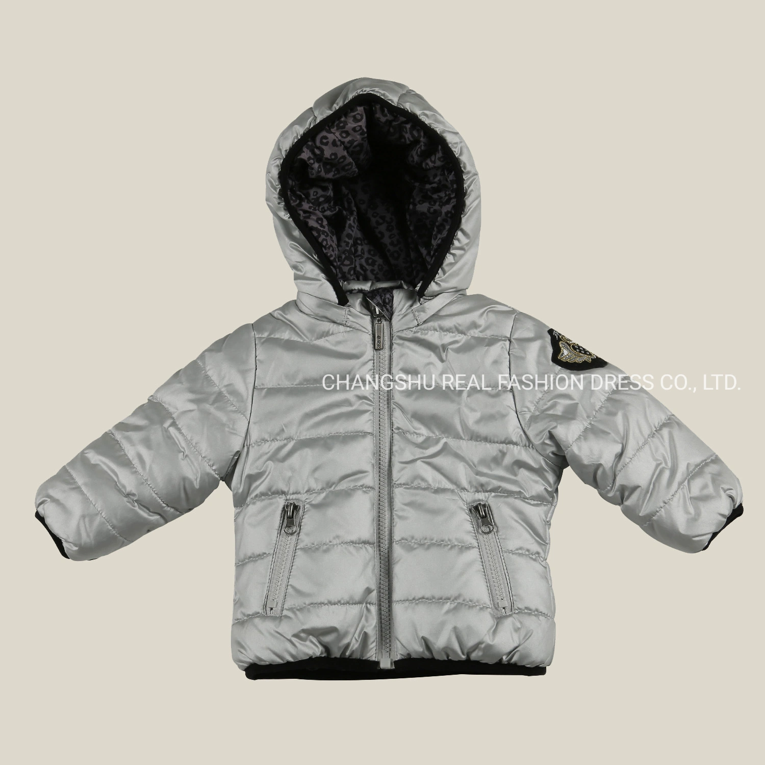 Children Clothes Boy Baby Woven Silver Down Jacket Wear with Leopard Lining and Front Zipper Pocket