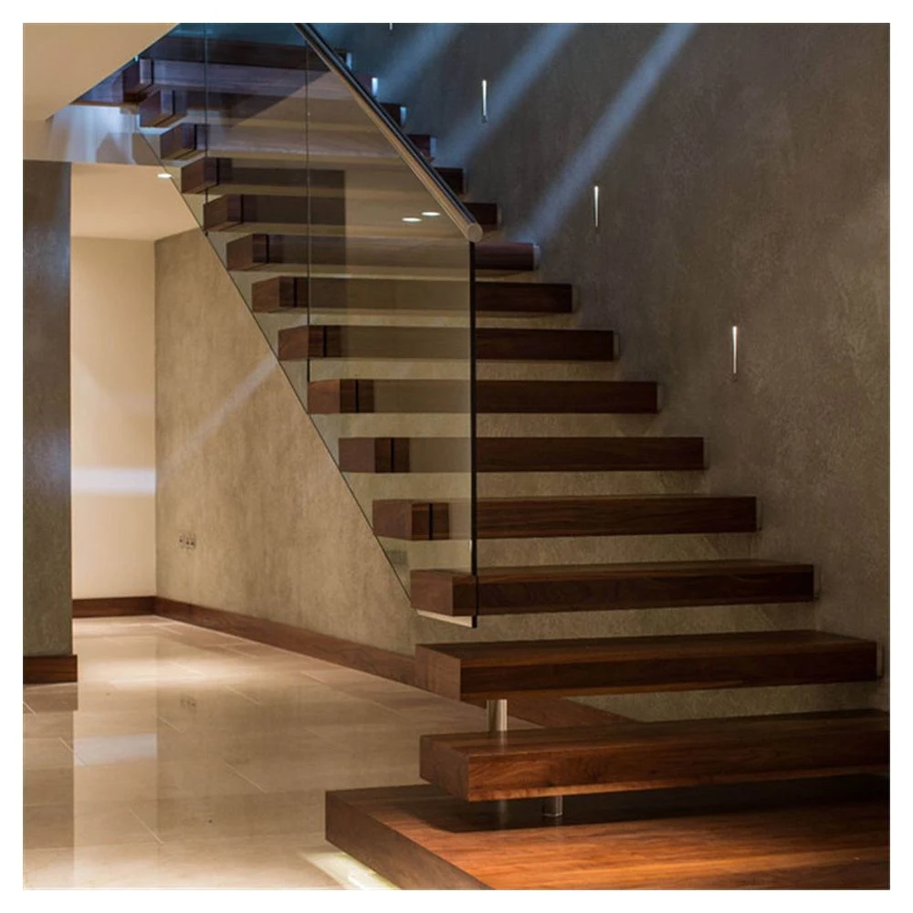 Custom Carbon Steel Straight Staircase with Wood Steps Glass Railing