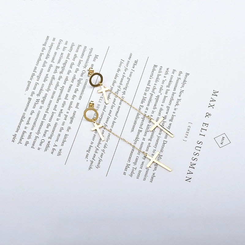 Geometric Circle Gold Plated Fringe Stud Earrings Jewelry Stainless Steel Double Cross Long Tassel Pendant Earring Jewelry for Women