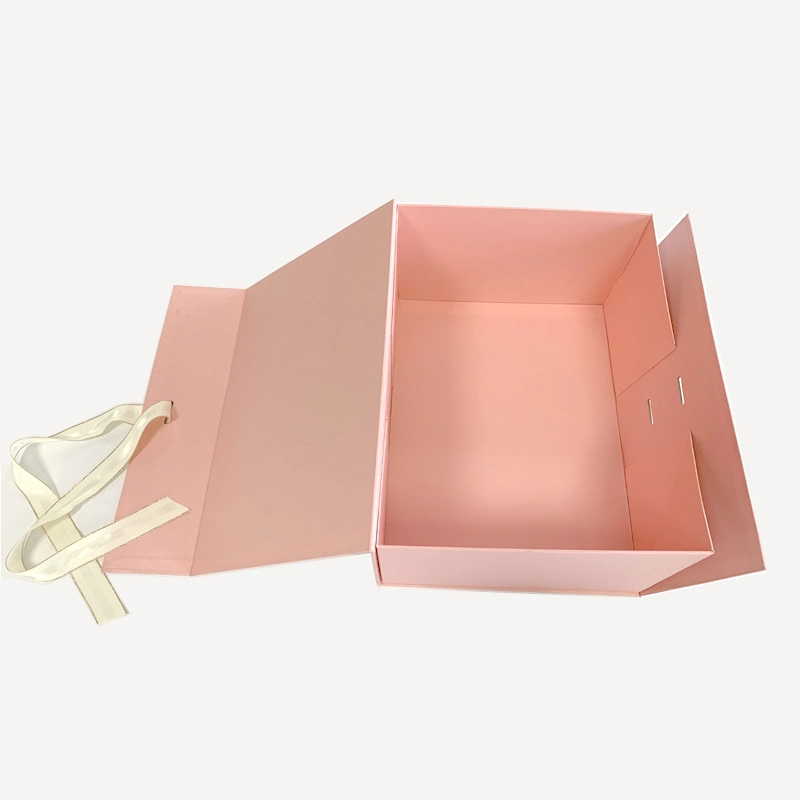 Custom Printing Cardboard Carton Packaging Magnetic Pink Folding Box with Ribbon Gift Jewelry