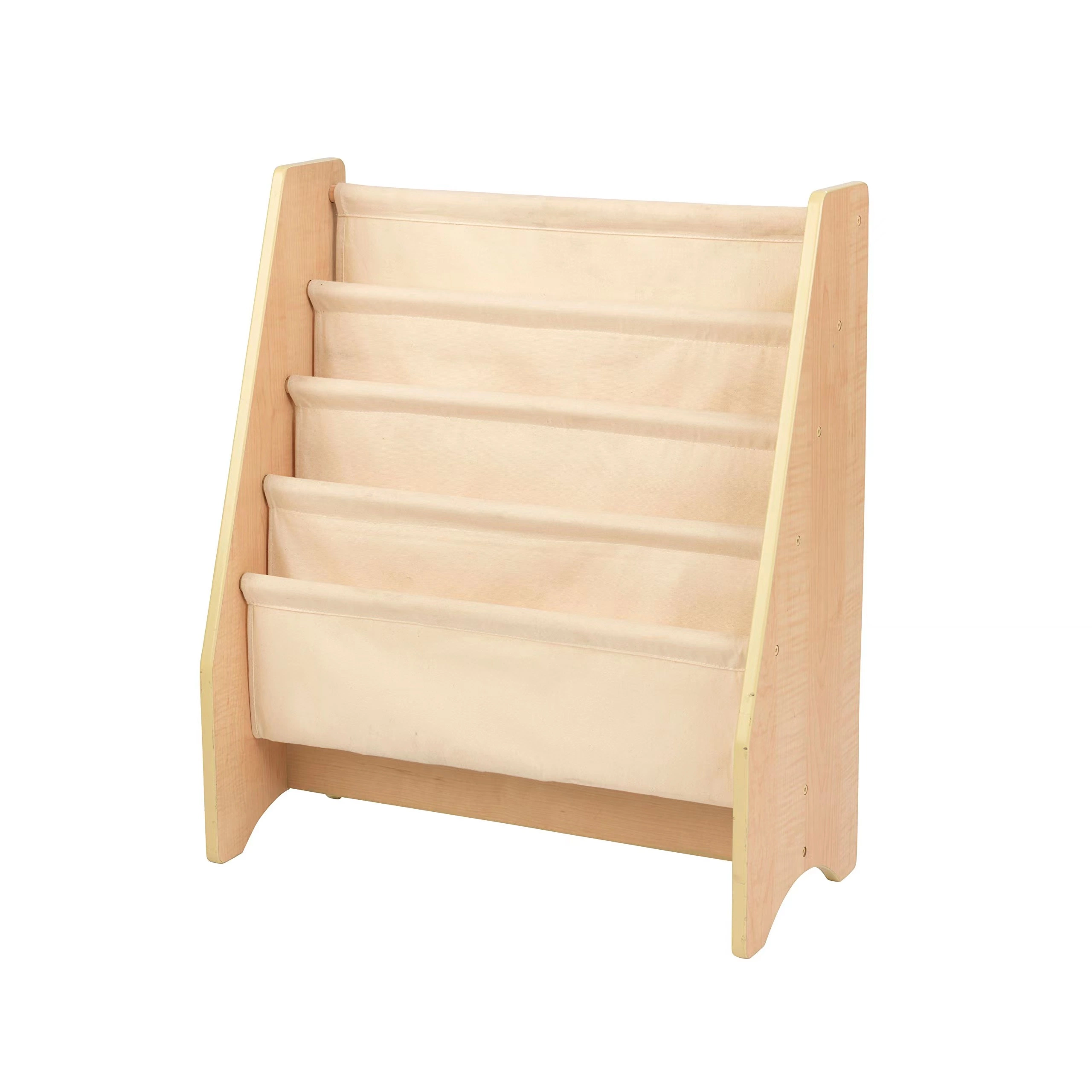 Factory Wholesale Montessori Kids Furniture Wood and Canvas Sling Bookshelf with Storage Pockets for Toddlers