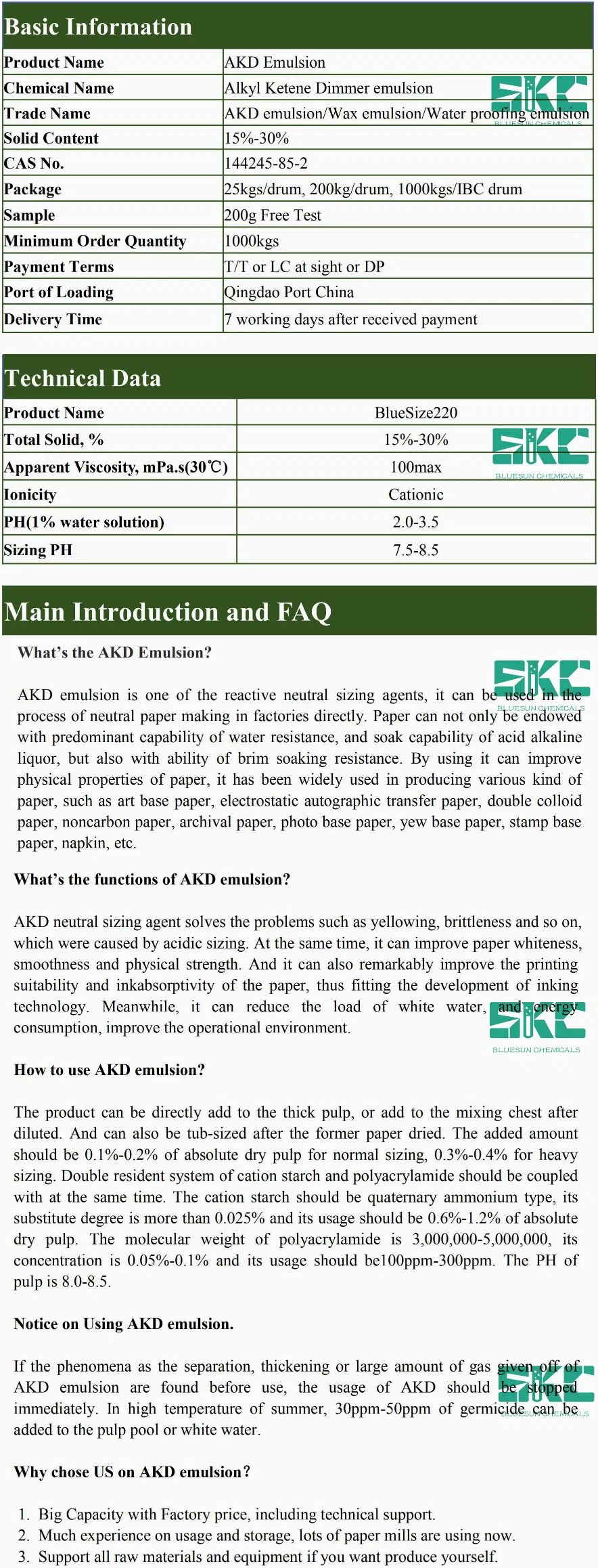 AKD Emulsion20%/ pH 2,0-4,0/ Agente de dimensionamiento de papel/ Ionicidad catiónica/ Papermaking/Chemicals