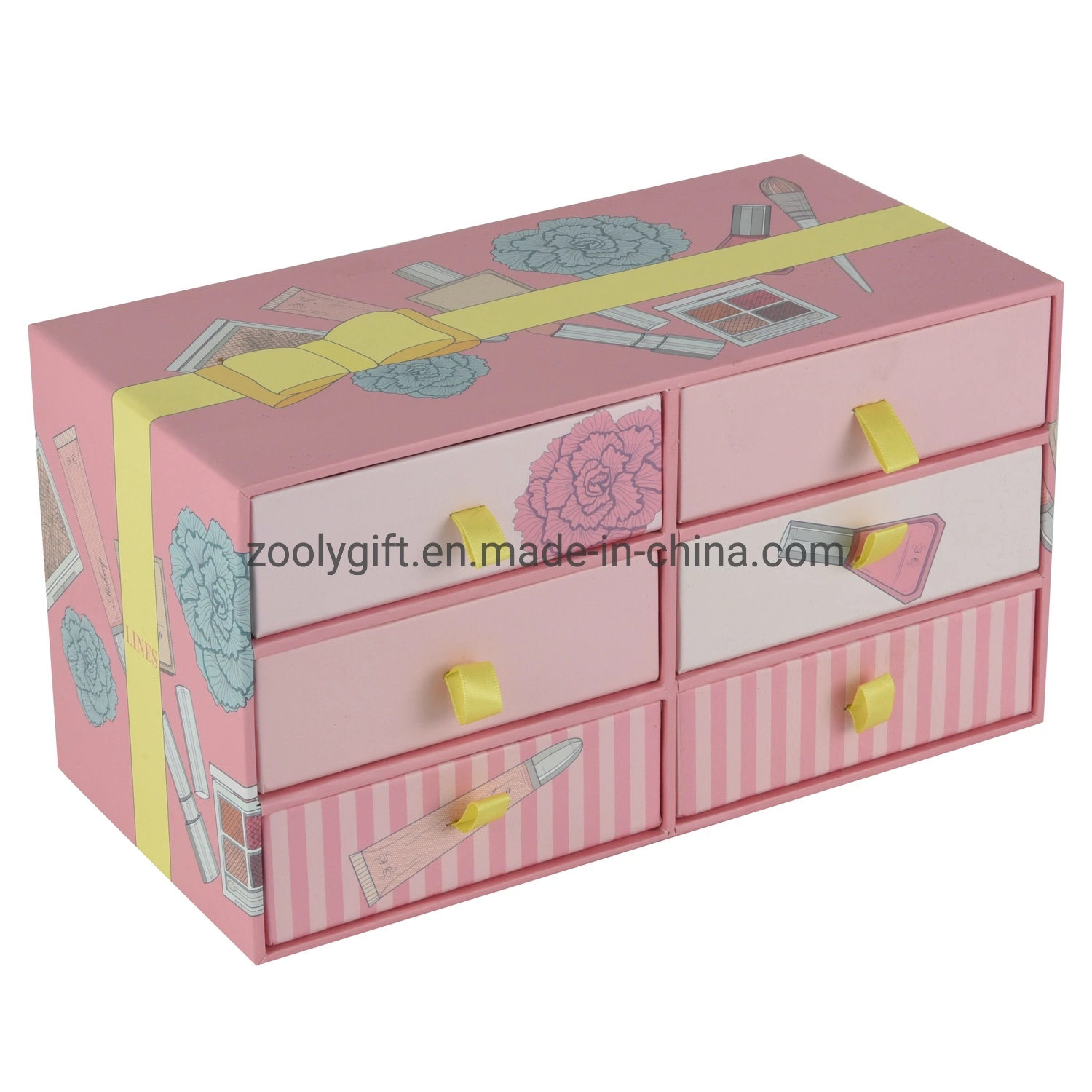 Customized Cosmetic Box with 6 Drawers Rigid Paper Drawer Box with Ribbon Makeup Organizer Storage Box Promotional Paper Gift Boxes Jewelry Drawer Box