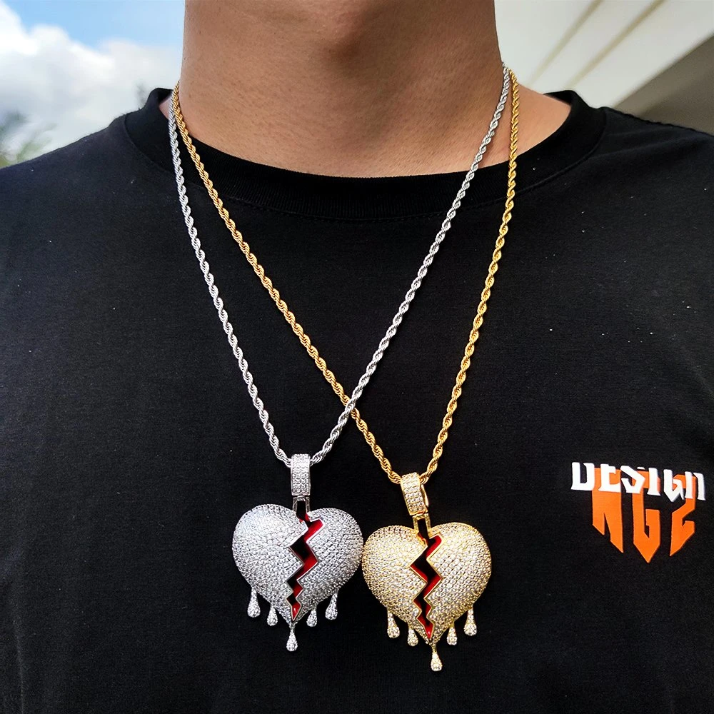 Nouvelles de hip hop européens et américains de zircon Water drop Heartbreak exploitable Pendentif coeur bijoux Brokeheart cassé