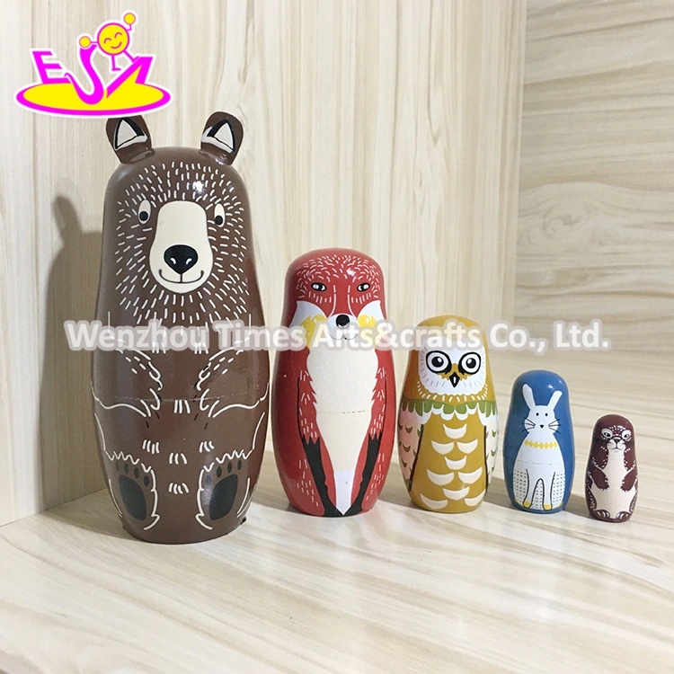 New Design Cartoon Stacking Wooden Russian Bear Nesting Doll for Baby W06D104