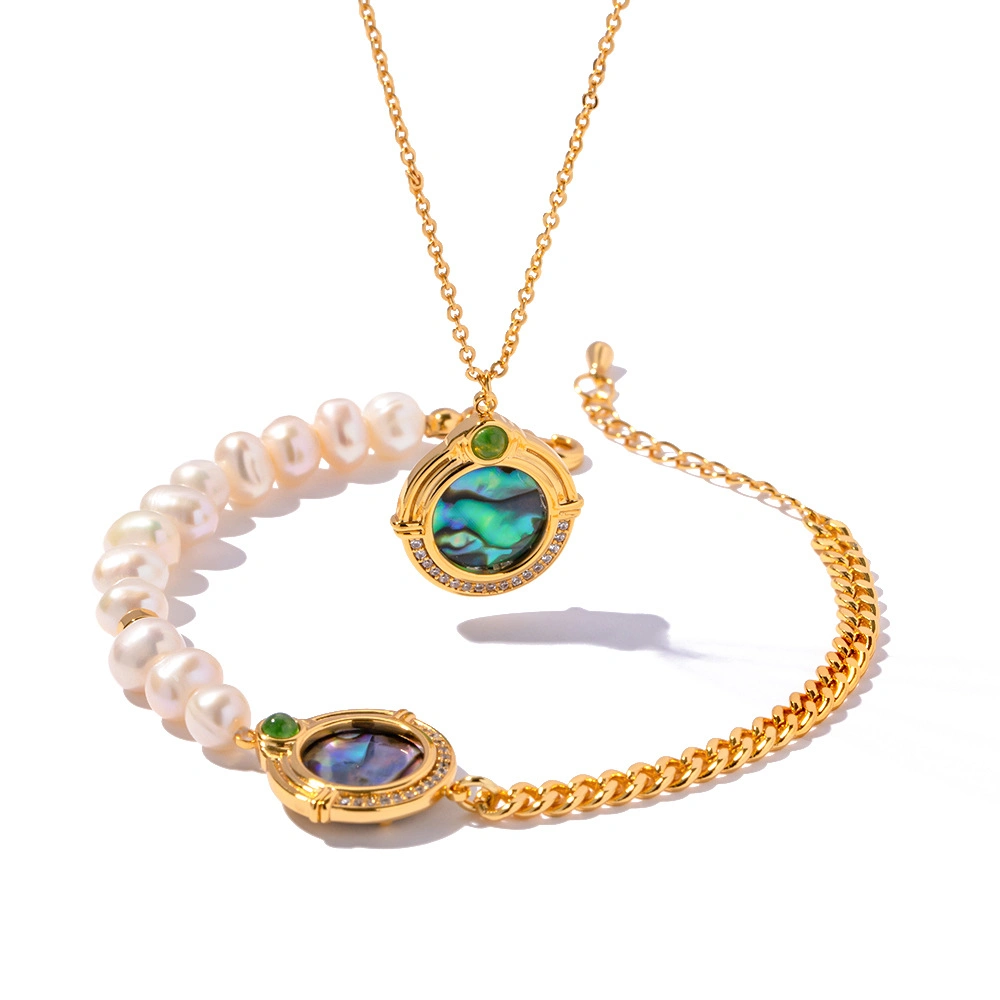 Fashion Gold Plated Brass Round Green Agate Abalone Coin Pendant Freshwater Pearls Chain Necklace and Bracelet Jewelry Set
