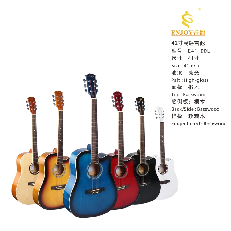 OEM de la fábrica de colores de madera contrachapada de Basswood Guitarra Acústica 6 Instrumento musical de cuerda de guitarra de 41 pulg.