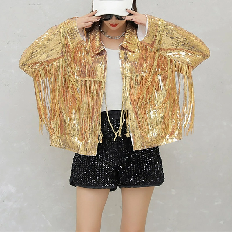 2023 Turn-Down Collar Sequin Tassel Fur Coat Fur Jacket