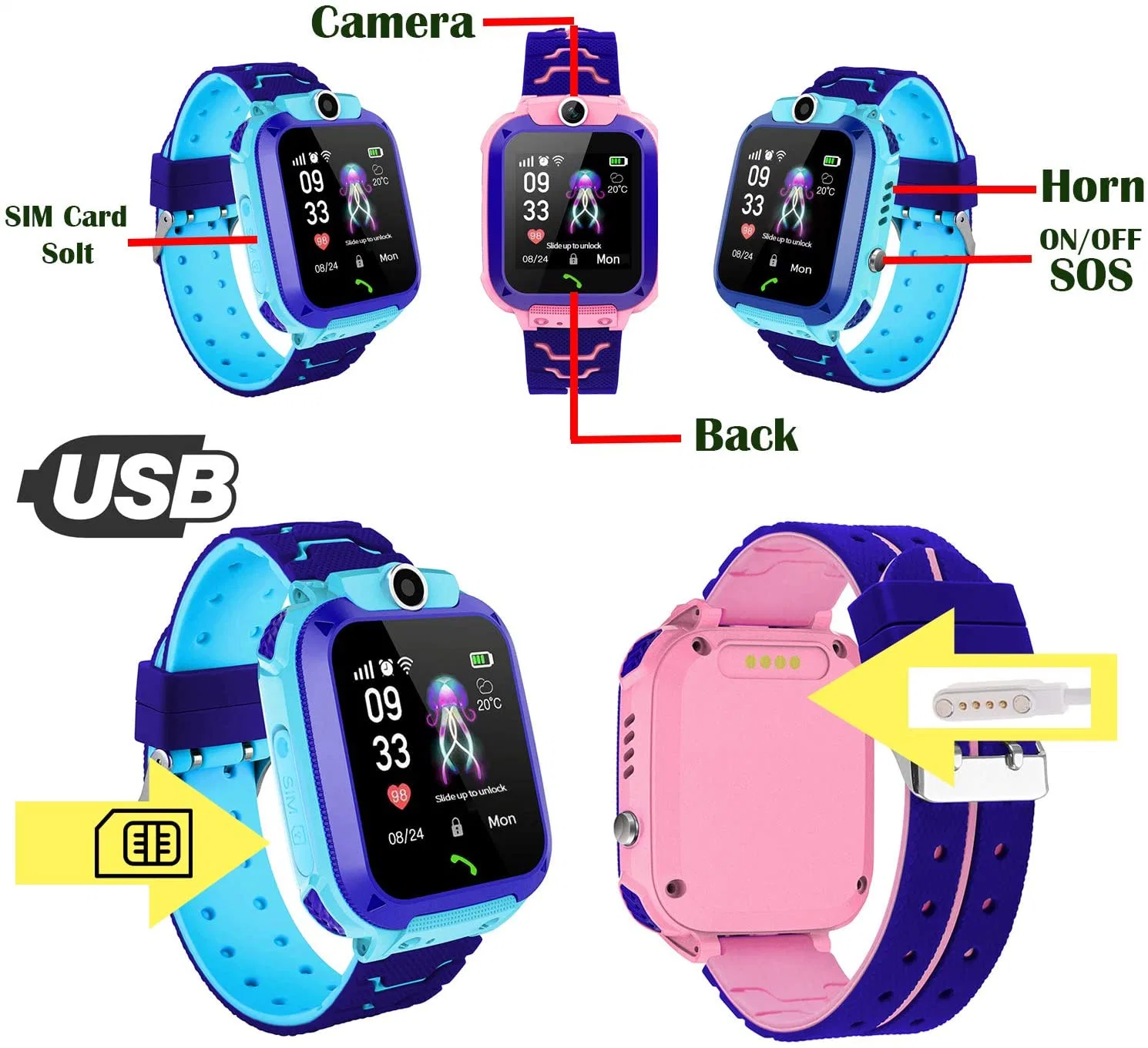 Venta al por mayor de niños Smartwatch, Smart Watch Phone con GPS Tracker para niños, niñas, niños regalo de cumpleaños