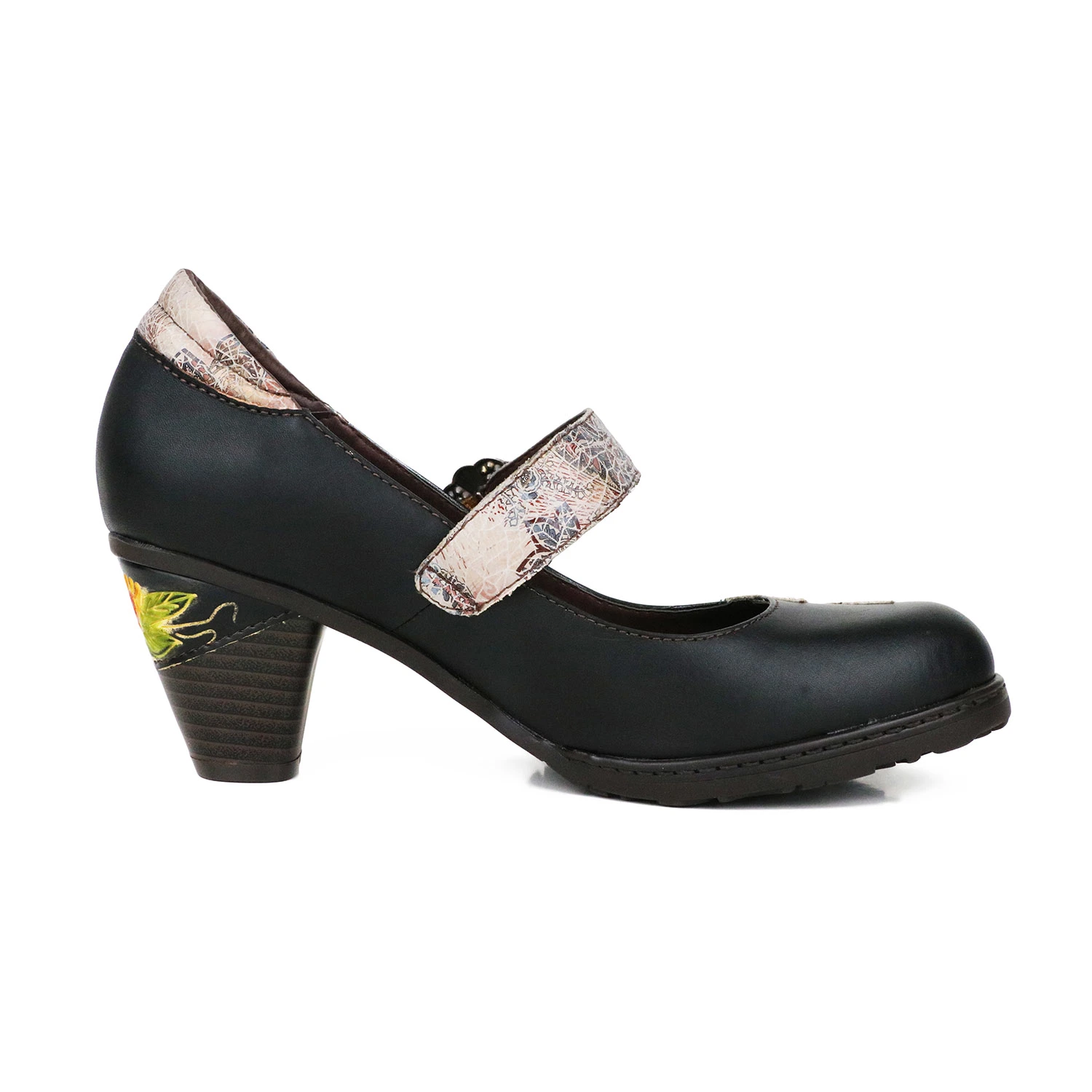 سيدة في S اللكمات المكسوة باليد Chunky Heels Sandals فلورين الجلد المكوكي أحذية