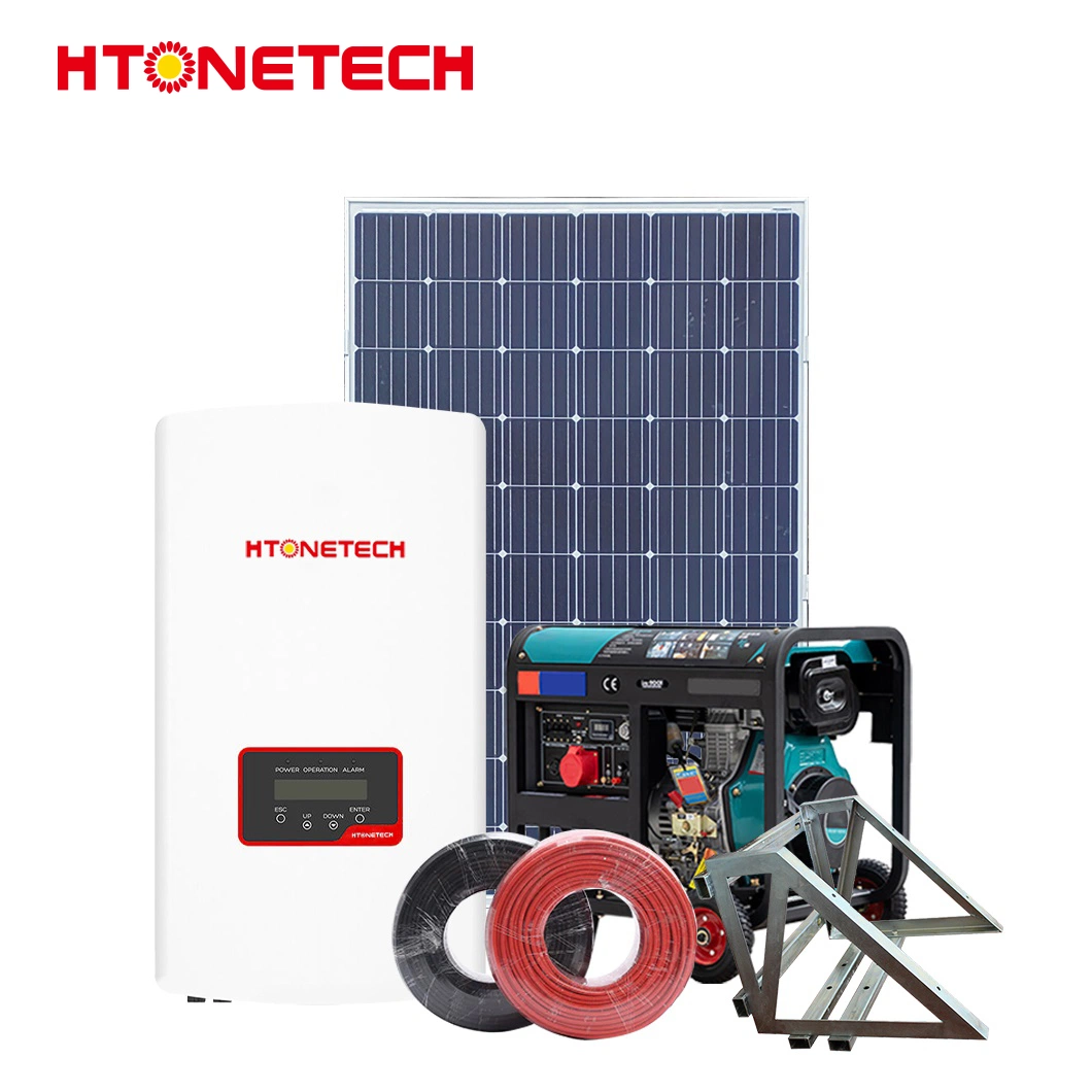 Htonetech Solar Panel Monocrystalline 500W Vendedores Wind Grid Tie Inverter China sistema de energía solar de la casa pequeña con generador diesel 30kVA
